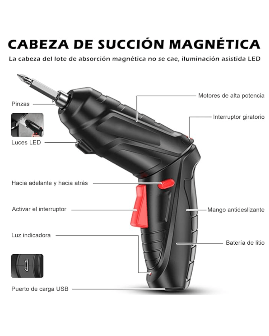 PowerFix Pro Destornillador Eléctrico Inalámbrico 47 en 1 Recargable - Kompry