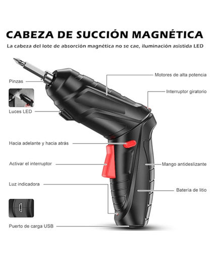 PowerFix Pro Destornillador Eléctrico Inalámbrico 47 en 1 Recargable - Kompry